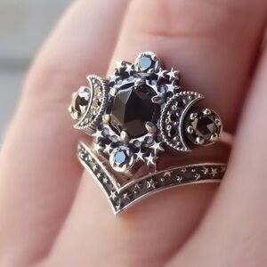 Black silver Mystical Silver Color and Black Starry Night Ring